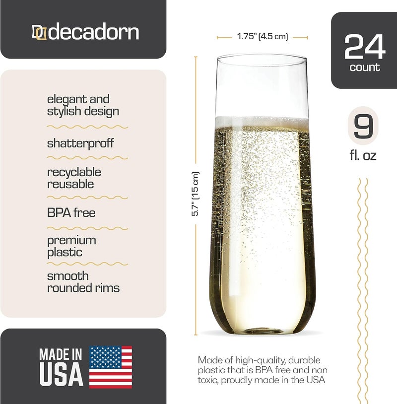 DECADORN كؤوس شمبانيا بلاستيكية بدون ساق شفافة - عبوة 24 - 9 أونص كؤوس شمبانيا بلاستيكية - كؤوس ميموزا متينة وقوية للحفلات - غير قابلة للكسر، قابلة لإعادة التدوير، خالية من BPA، حواف ناعمة. - Image 3